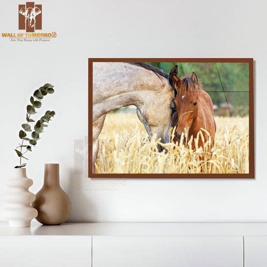 Mare And Her Foal in Rye Field with Beautiful Green Background, Animal Horses High Quality Unframed Poster Print & Waterproof Poster Print Wall Décor