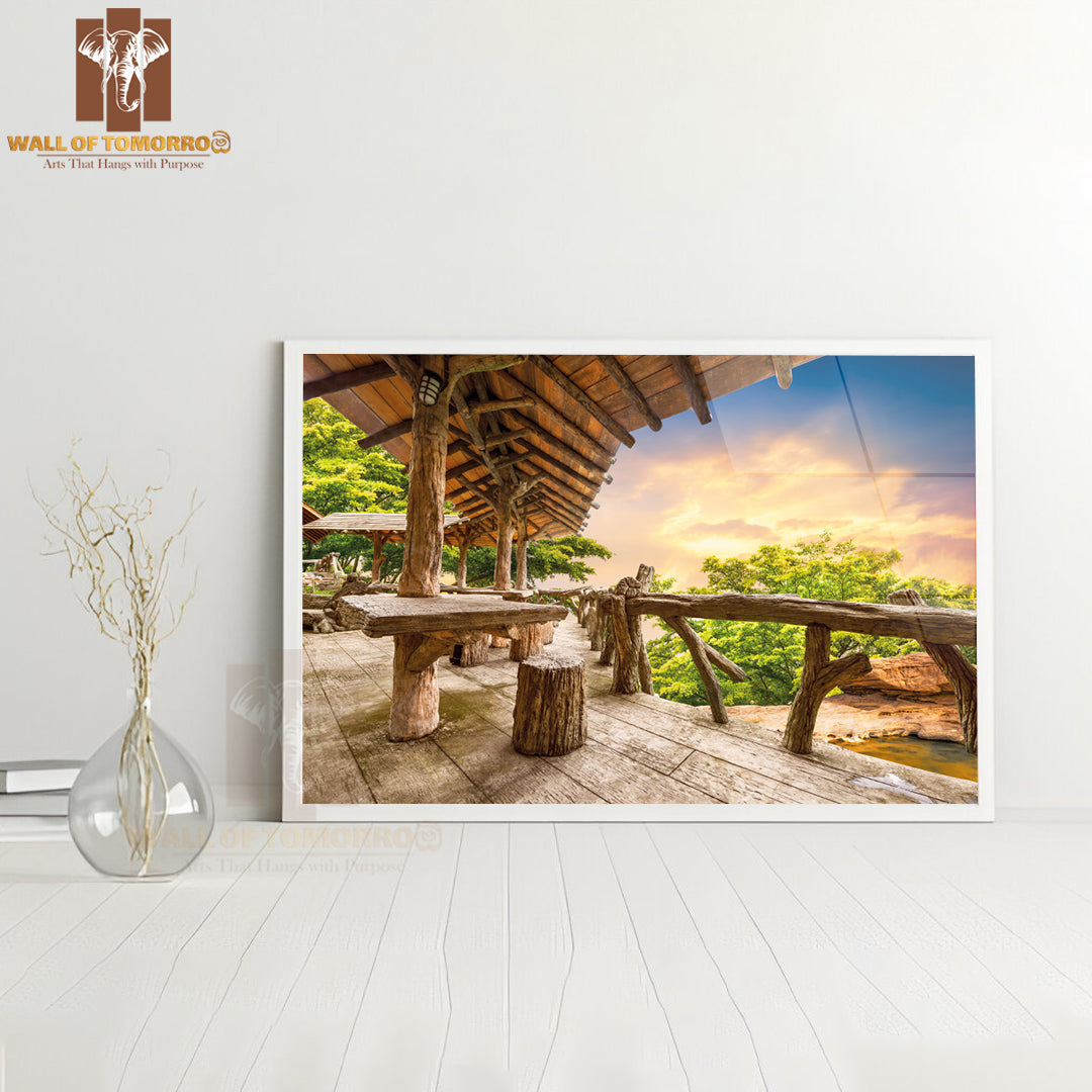 Wooden Porch at the Natural View Point Upon the Mountain in Sunset Time High Quality Unframed Poster Print & Waterproof Poster Print Wall Décor