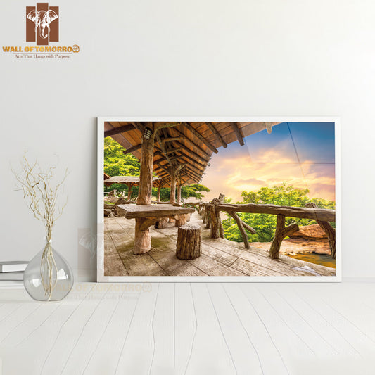 Wooden Porch at the Natural View Point Upon the Mountain in Sunset Time High Quality Unframed Poster Print & Waterproof Poster Print Wall Décor