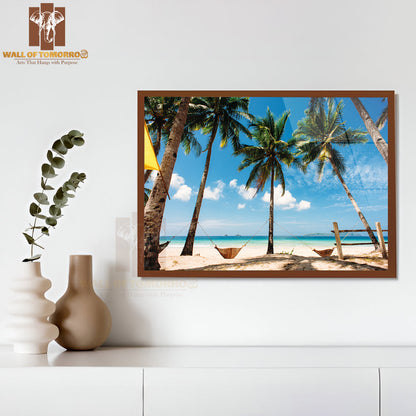 Tropical Beach, Philippines, Palm Trees with Hammocks, Blue Sky, Sea High Quality Unframed Poster Print & Waterproof Poster Print Wall Décor