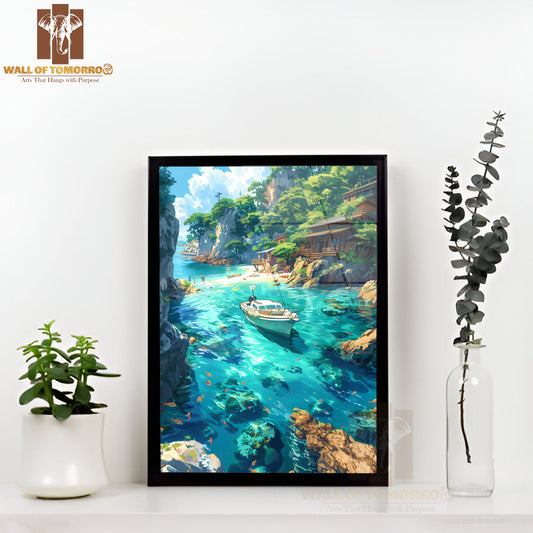 Boat Floating in A Blue Ocean Near a Cliff High Quality Glass Frame Wall Décor