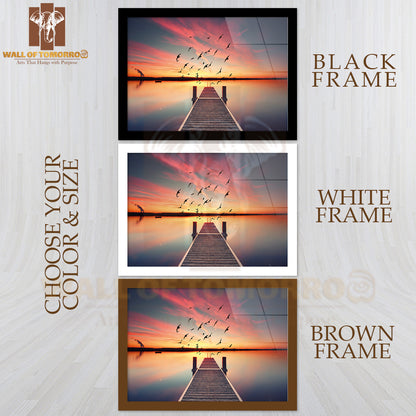 View Of a Wooden Pier on the Pond at Sunset with Perfectly Specular Reflection High Quality Unframed Poster Print & Waterproof Poster Print Wall Décor