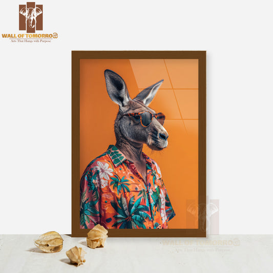 Kangaroo Wearing Sunglasses and A Hawaiian Shirt High Quality Glass Frame Wall Décor