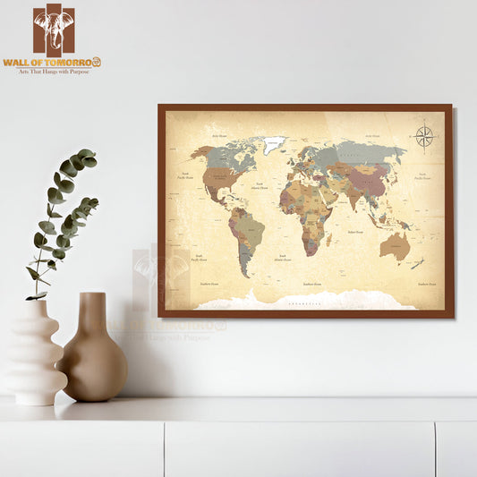 Textured Vintage World Map Educational High Quality Glass Frame Wall Décor