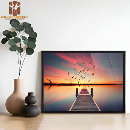 View Of a Wooden Pier on the Pond at Sunset with Perfectly Specular Reflection High Quality Unframed Poster Print & Waterproof Poster Print Wall Décor