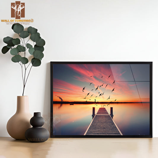 View Of a Wooden Pier on the Pond at Sunset with Perfectly Specular Reflection High Quality Unframed Poster Print & Waterproof Poster Print Wall Décor