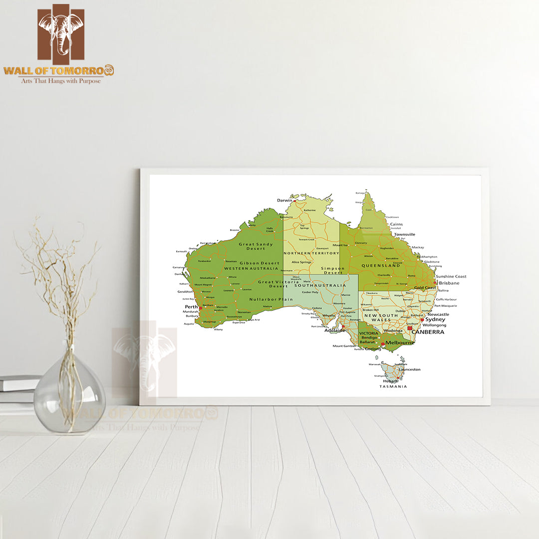 Highly Detailed Editable Political Map Australia Educational High Quality Glass Frame Wall Décor