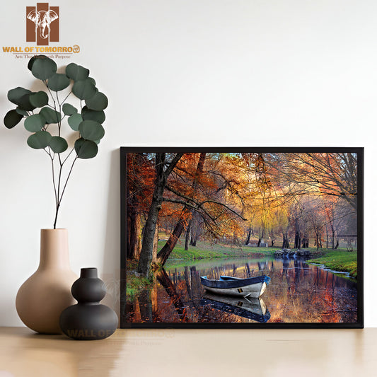Boat On the Lake in the Autumnal Forest High Quality Unframed Poster Print & Waterproof Poster Print Wall Décor
