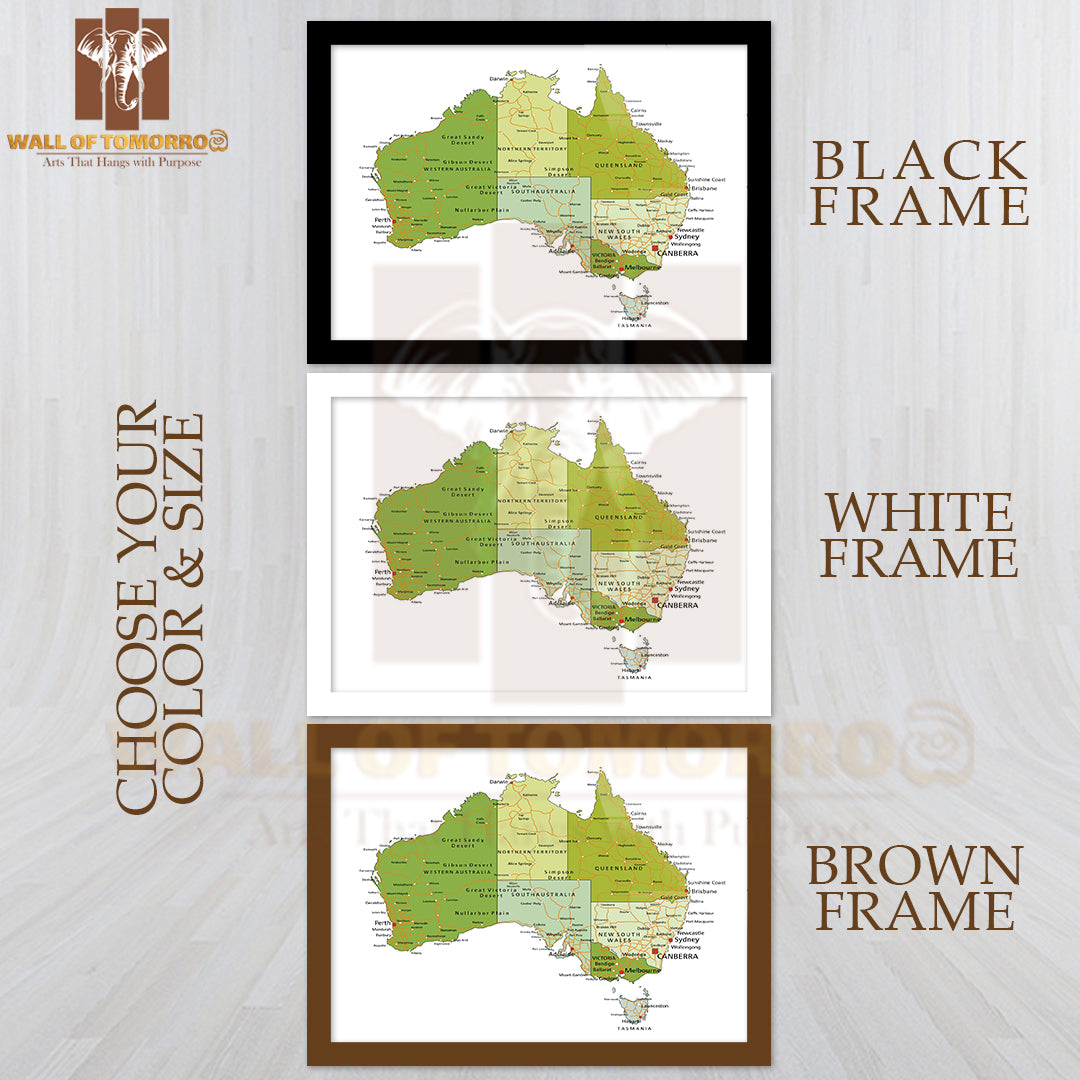 Highly Detailed Editable Political Map Australia Educational High Quality Glass Frame Wall Décor
