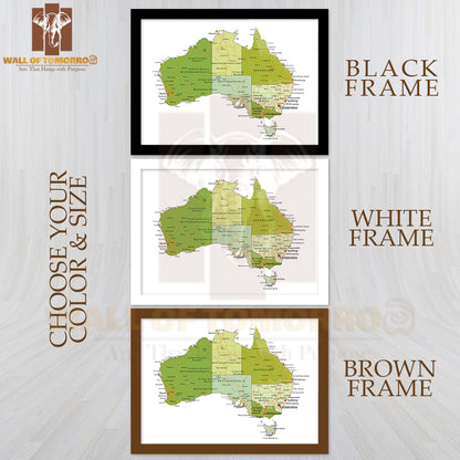 Highly Detailed Editable Political Map Australia Educational High Quality Glass Frame Wall Décor