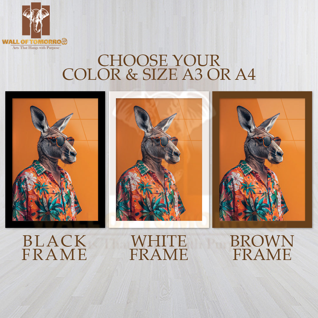 Kangaroo Wearing Sunglasses and A Hawaiian Shirt High Quality Glass Frame Wall Décor