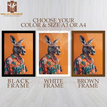 Kangaroo Wearing Sunglasses and A Hawaiian Shirt High Quality Glass Frame Wall Décor