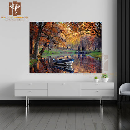 Boat On the Lake in the Autumnal Forest High Quality Unframed Poster Print & Waterproof Poster Print Wall Décor