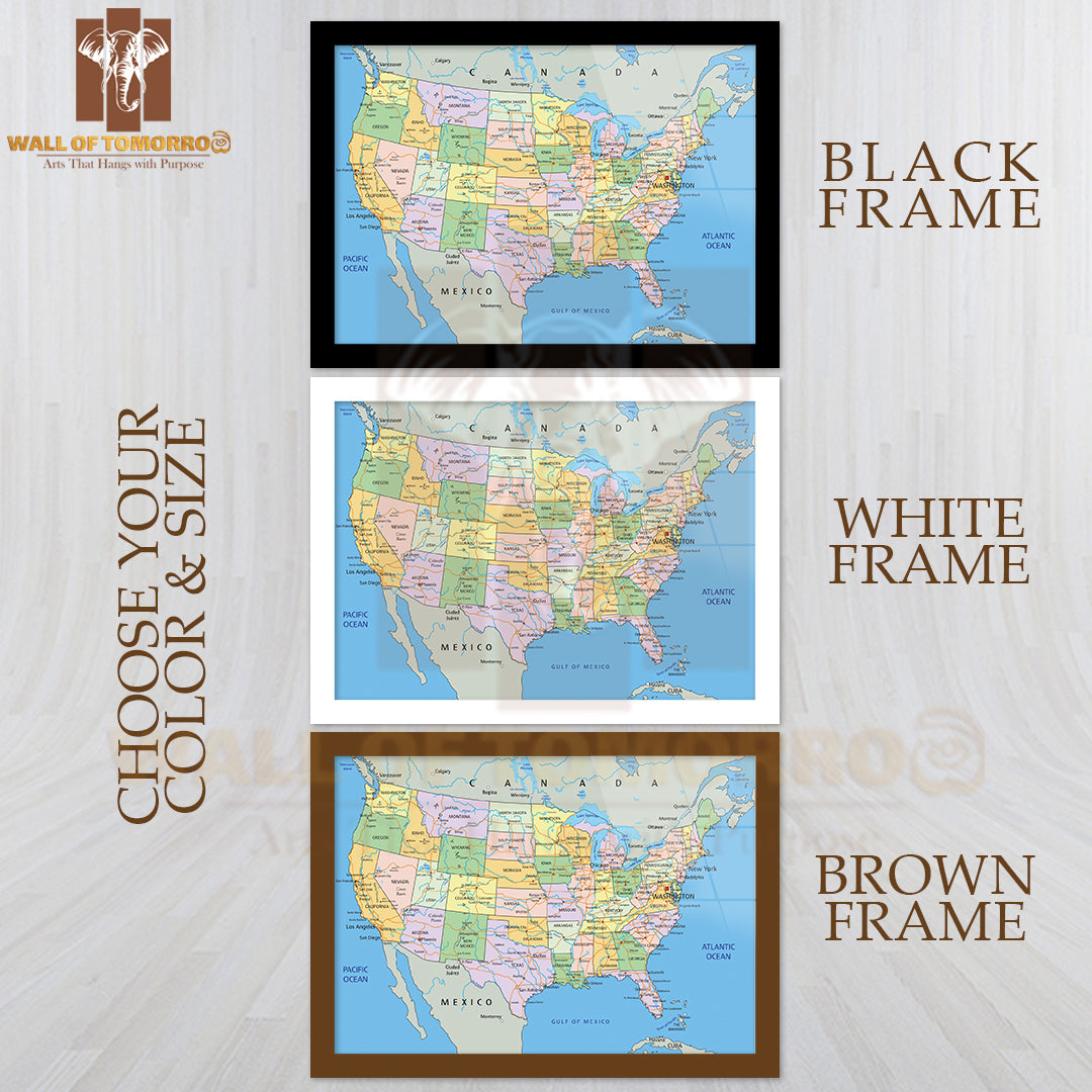 United States of America Political Map Educational High Quality Glass Frame Wall Décor
