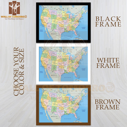 United States of America Political Map Educational High Quality Glass Frame Wall Décor