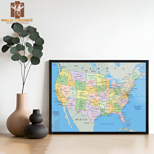 United States of America Political Map Educational High Quality Glass Frame Wall Décor