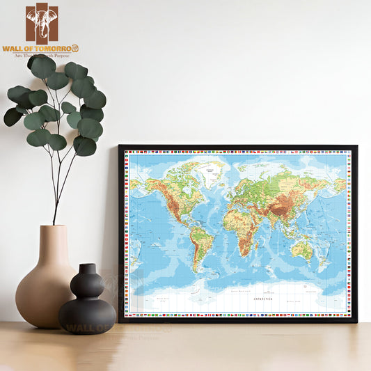 World Map with Flags of Countries Educational High Quality Glass Frame Wall Décor