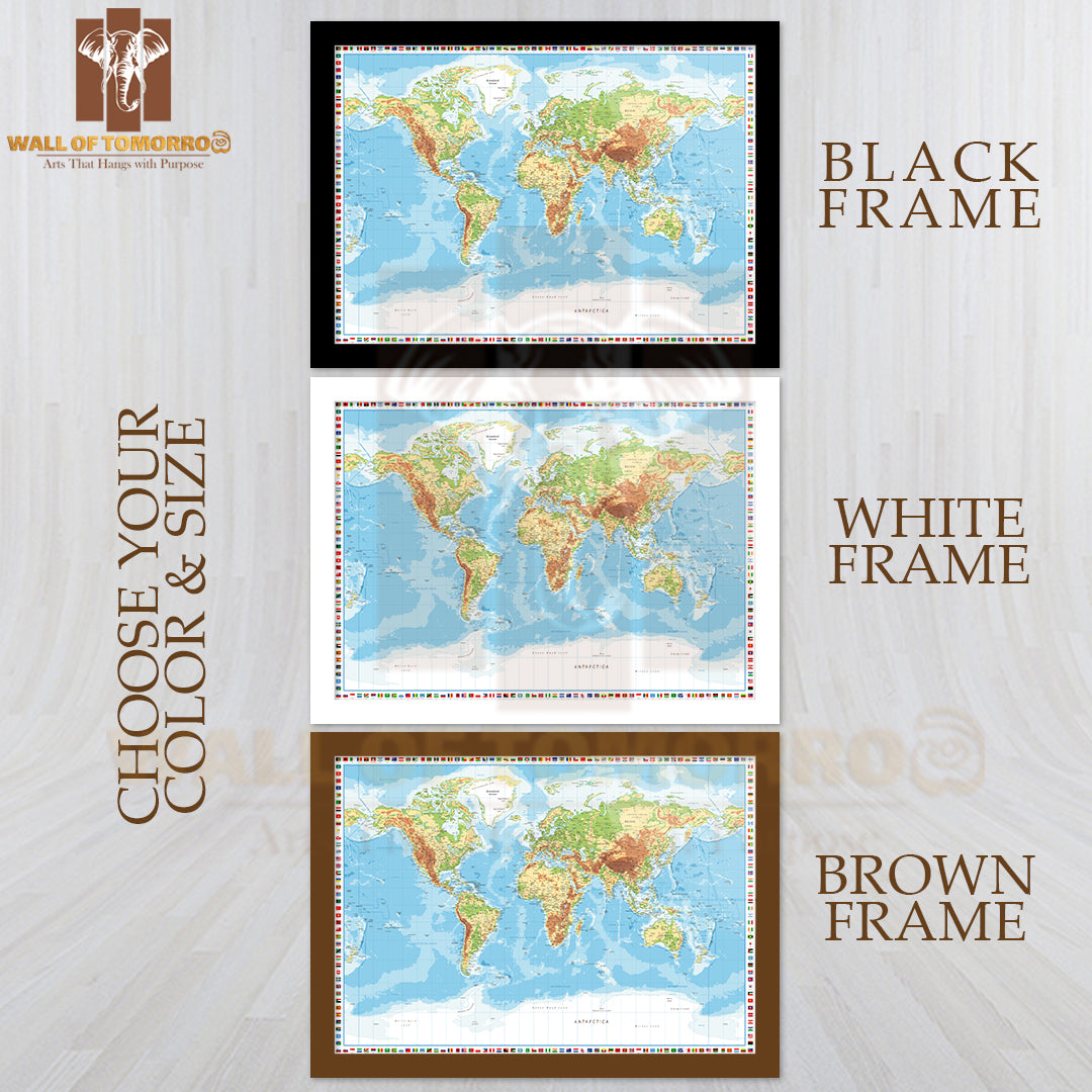 World Map with Flags of Countries Educational High Quality Glass Frame Wall Décor