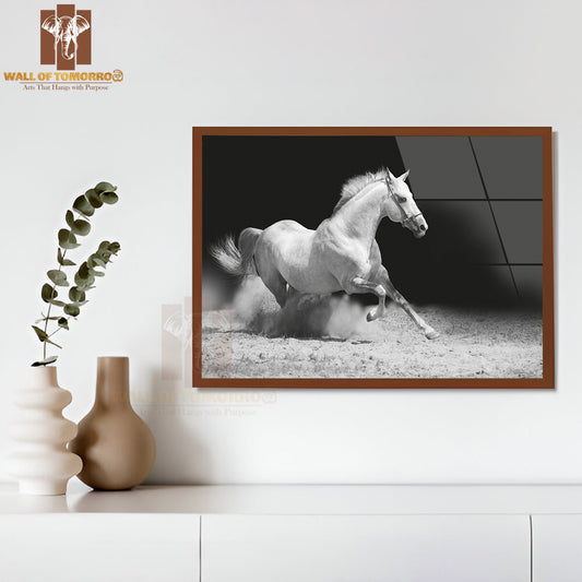White Stallion on Black High Quality Glass Frame Wall Décor