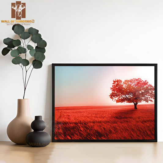 Red Field with Red Leave Tree High Quality Unframed Poster Print & Waterproof Poster Print Wall Décor