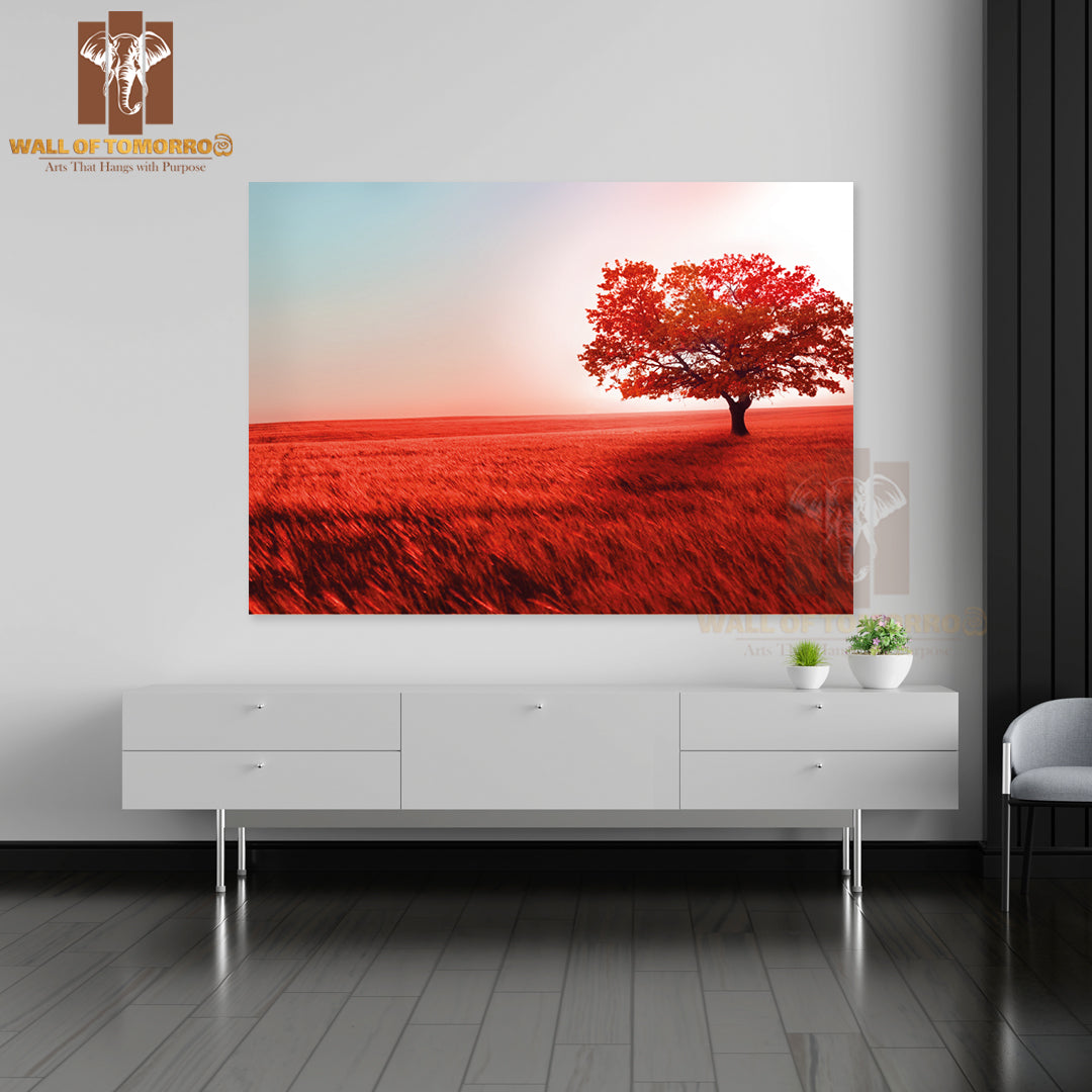 Red Field with Red Leave Tree High Quality Unframed Poster Print & Waterproof Poster Print Wall Décor