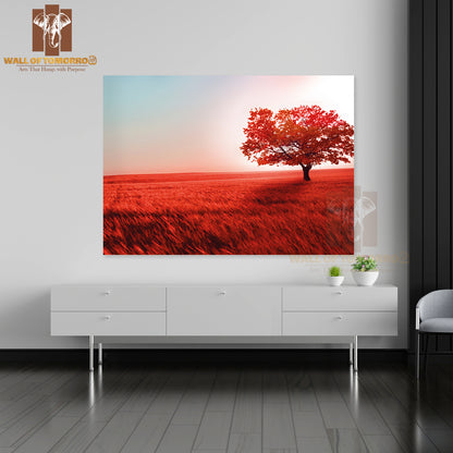 Red Field with Red Leave Tree High Quality Unframed Poster Print & Waterproof Poster Print Wall Décor
