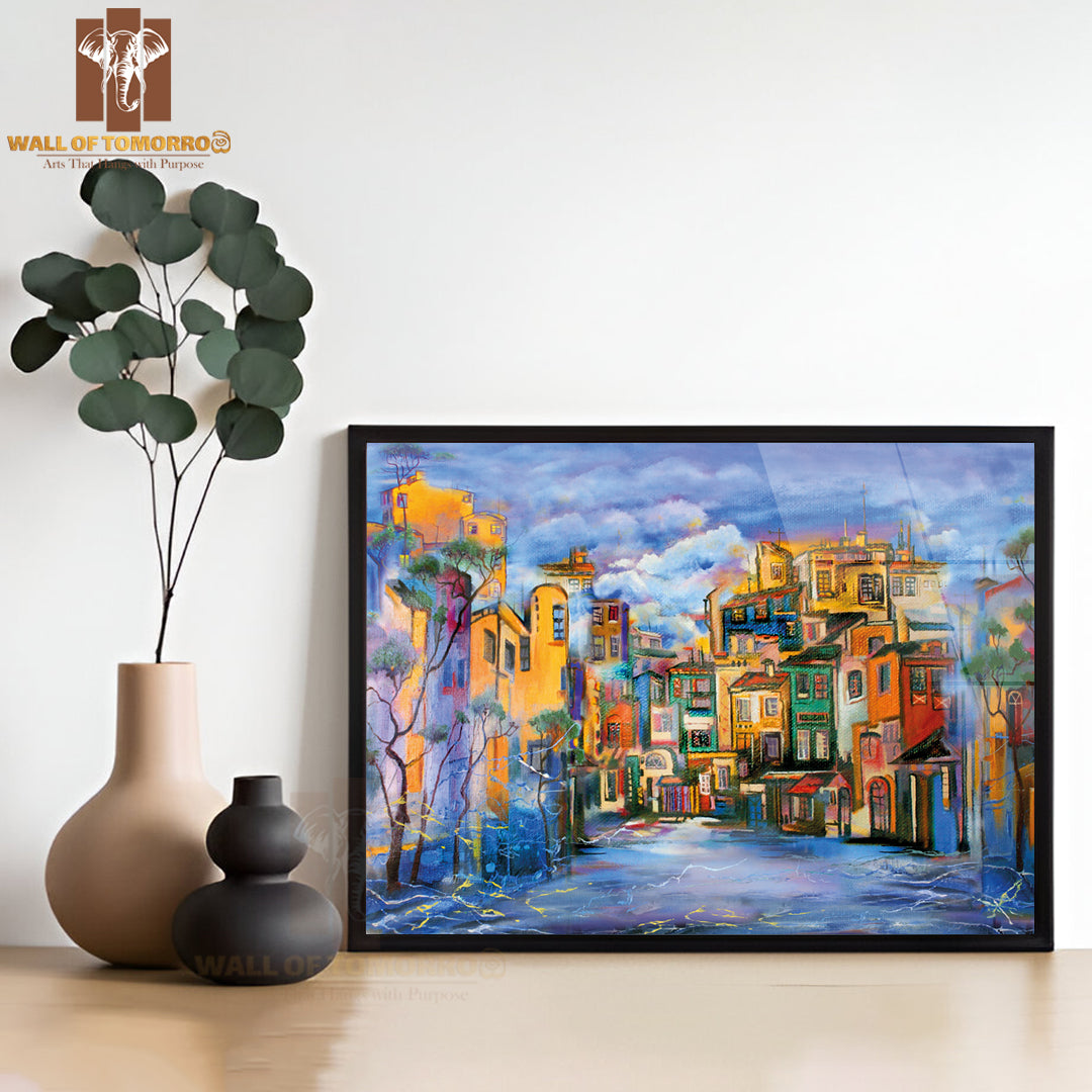 Painting Of Cloudy Yard with Buildings High Quality Unframed Poster Print & Waterproof Poster Print Wall Décor