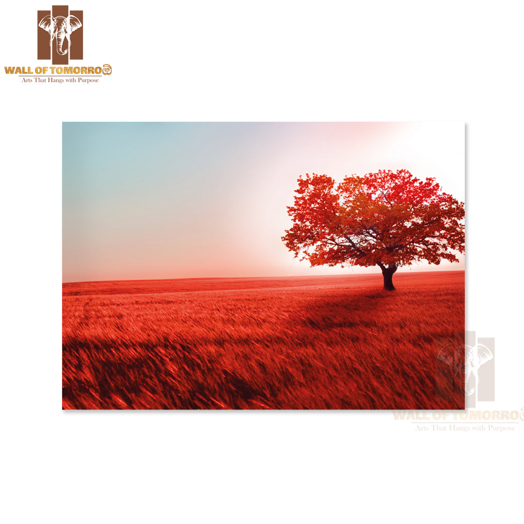 Red Field with Red Leave Tree High Quality Unframed Poster Print & Waterproof Poster Print Wall Décor