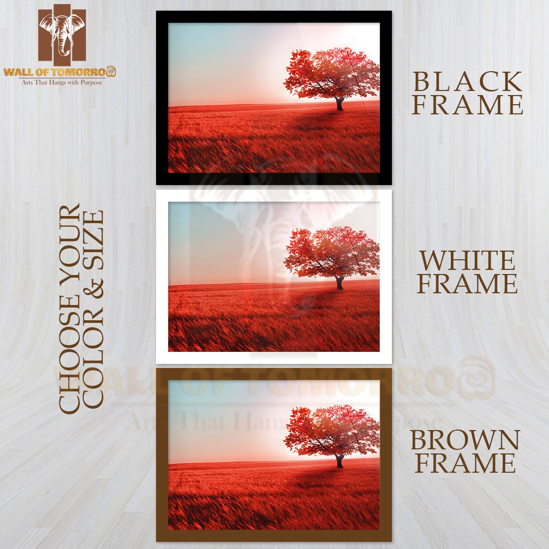 Red Field with Red Leave Tree High Quality Unframed Poster Print & Waterproof Poster Print Wall Décor