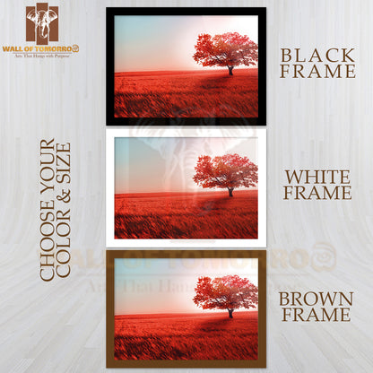 Red Field with Red Leave Tree High Quality Unframed Poster Print & Waterproof Poster Print Wall Décor