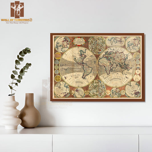 World Map Vintage Style Mountains Educational High Quality Glass Frame Wall Décor