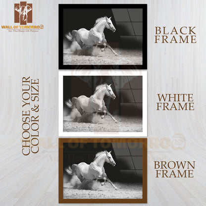 White Stallion on Black High Quality Glass Frame Wall Décor