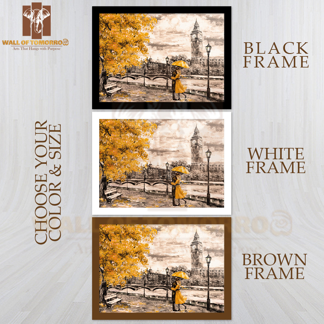Big Ben Man and Woman Under a Yellow Umbrella High Quality Unframed Poster Print & Waterproof Poster Print Wall Décor
