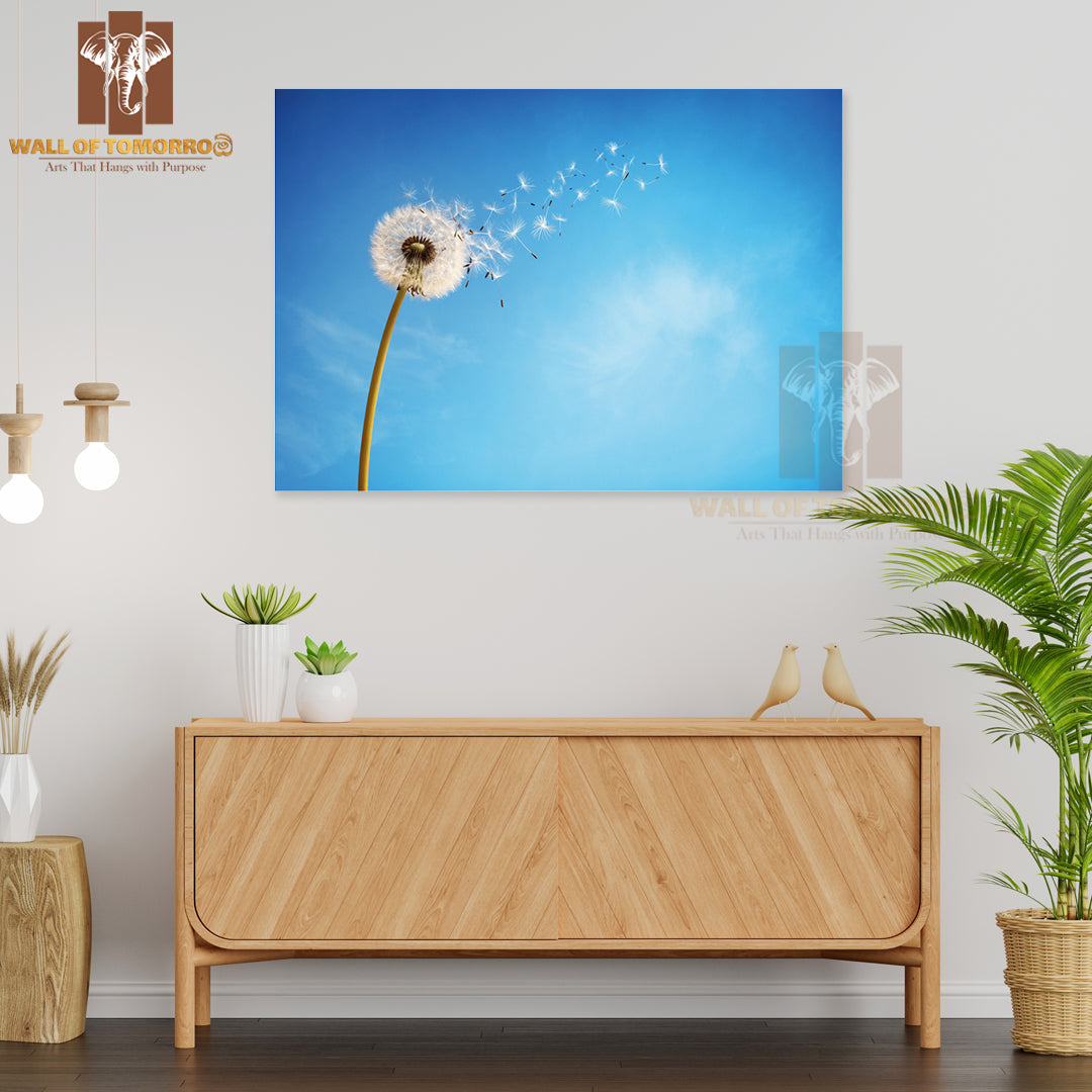 Dandelion With Seeds Blowing Away in The Wind Across a Clear Blue Sky High Quality Unframed Poster Print & Waterproof Poster Print Wall Décor