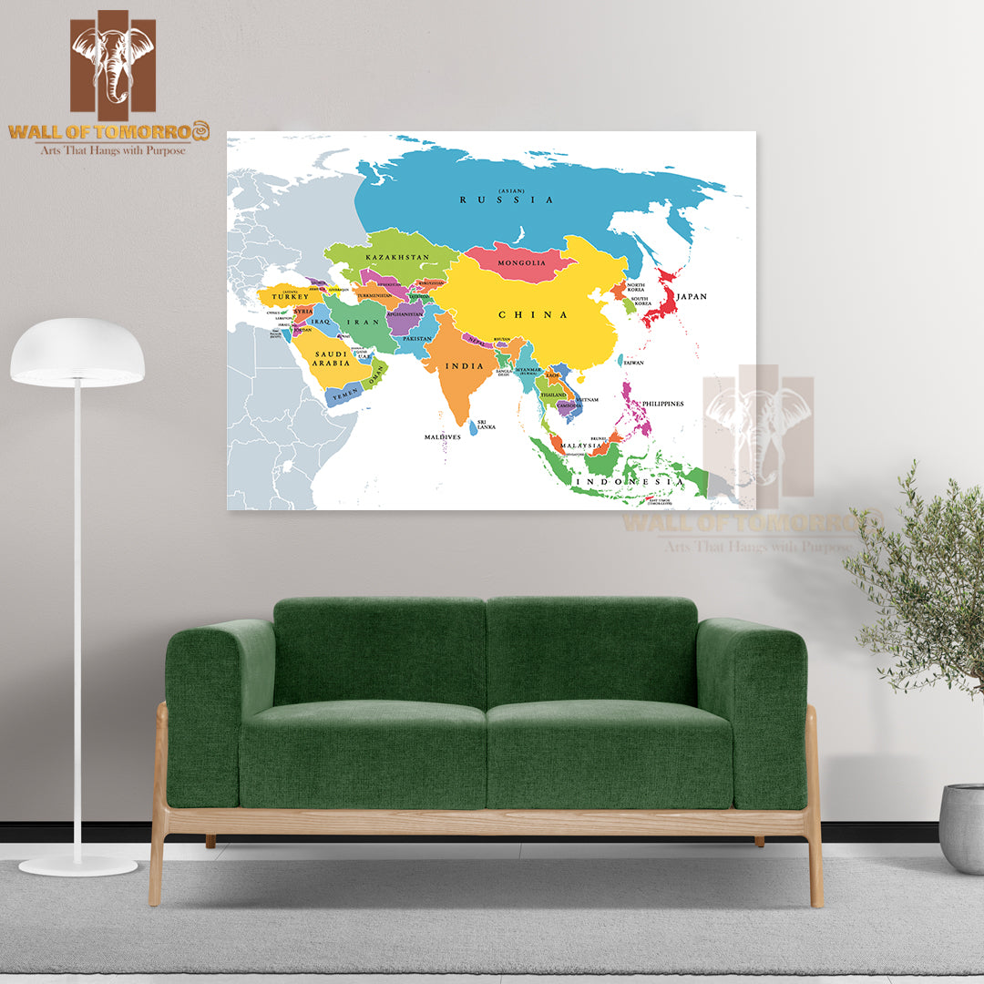 Continent Asia, Political Map Educational High Quality Unframed Poster Print & Waterproof Poster Print Wall Décor
