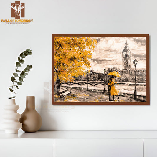 Big Ben Man and Woman Under a Yellow Umbrella High Quality Unframed Poster Print & Waterproof Poster Print Wall Décor
