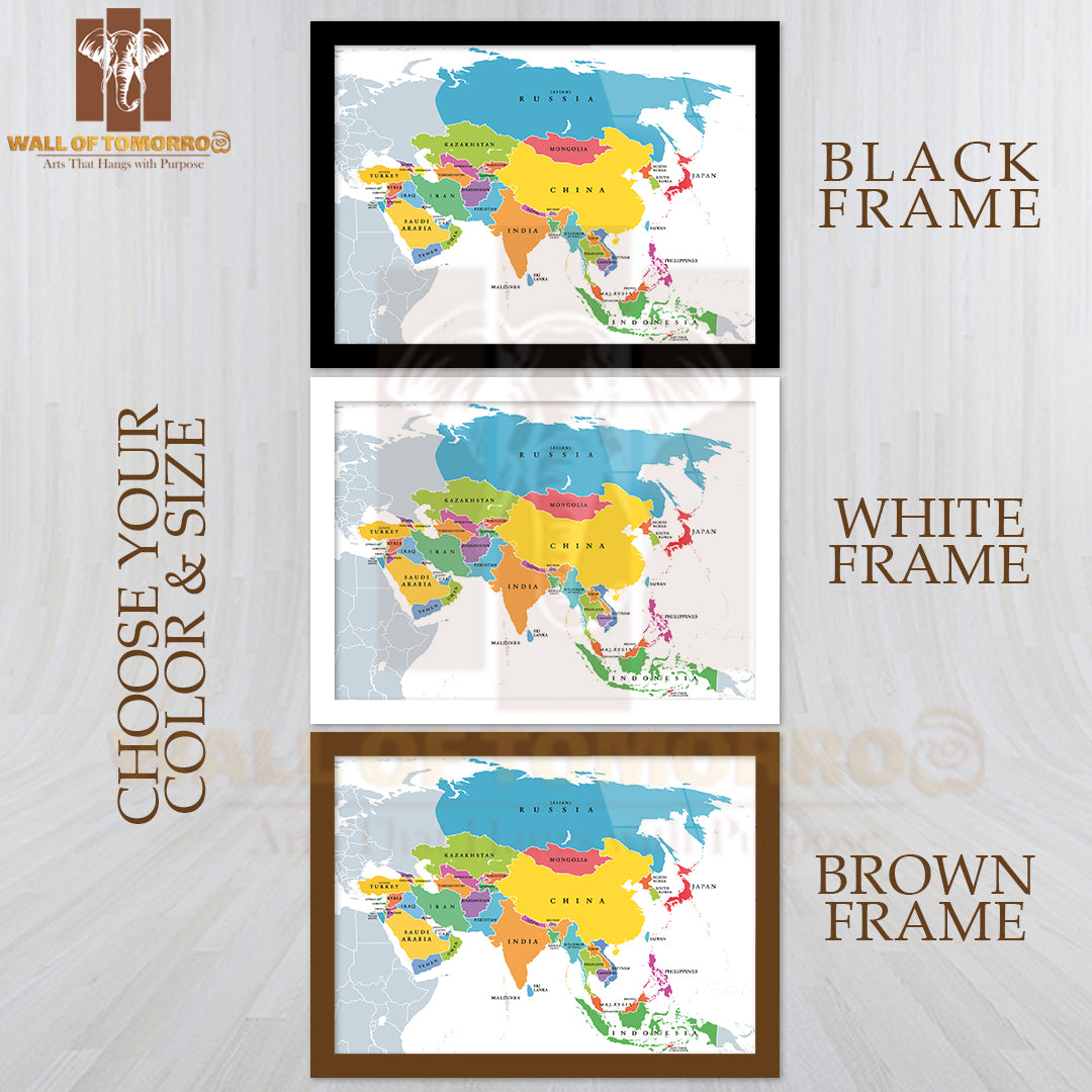 Continent Asia, Political Map Educational High Quality Glass Frame Wall Décor