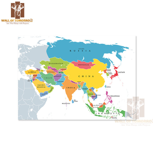 Continent Asia, Political Map Educational High Quality Unframed Poster Print & Waterproof Poster Print Wall Décor