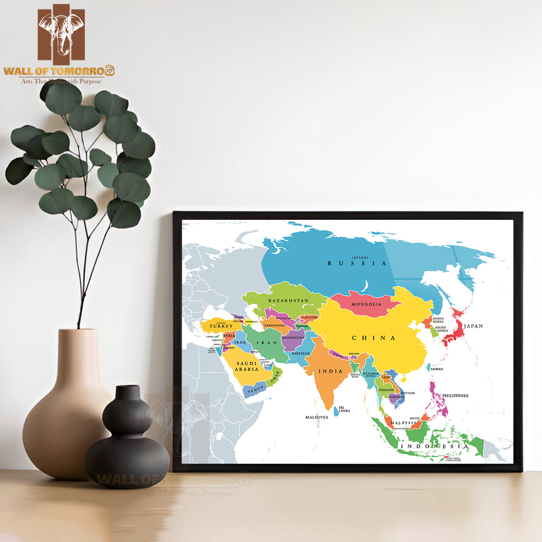 Continent Asia, Political Map Educational High Quality Glass Frame Wall Décor