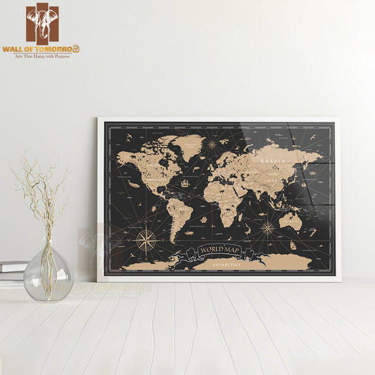 Vintage Black Golden World Map Educational High Quality Glass Frame Wall Décor