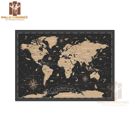 Vintage Black Golden World Map Educational High Quality Unframed Poster Print & Waterproof Poster Print Wall Décor