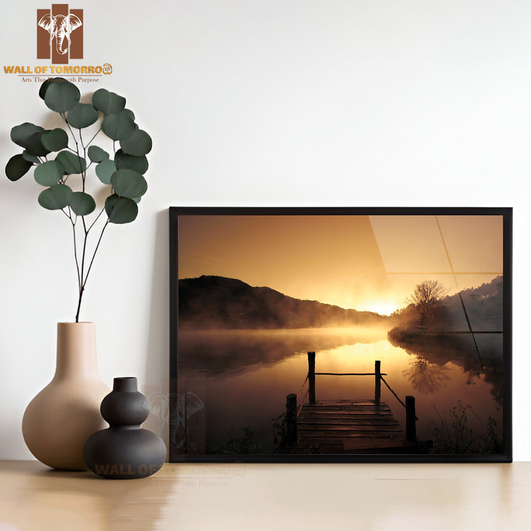 Morning Fog Over Scenery Lake at Urban Village High Quality Glass Frame Wall Décor