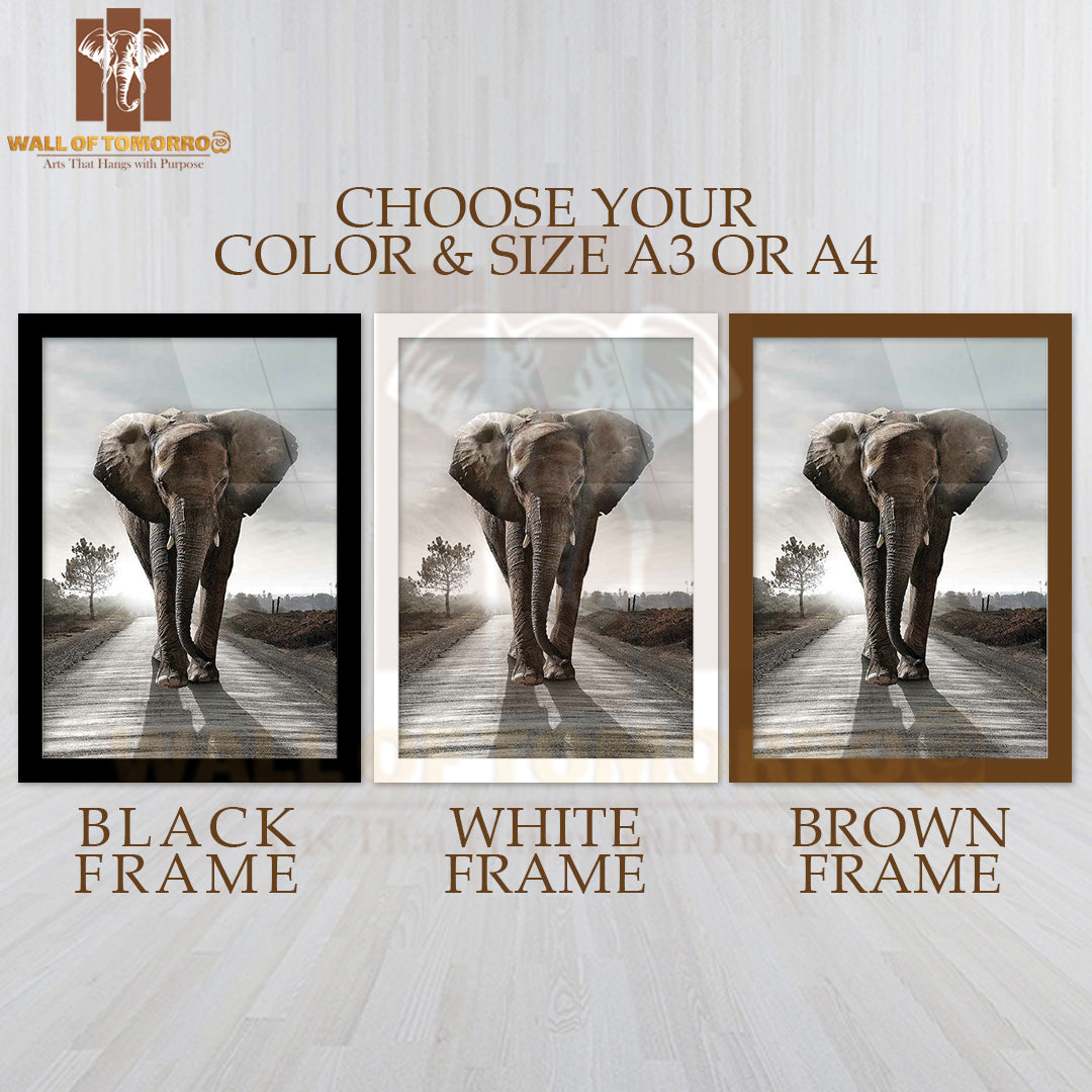 Elephant Walking on the Road High Quality Glass Frame Wall Décor