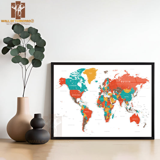 World Map Vintage Political Educational High Quality Glass Frame Wall Décor