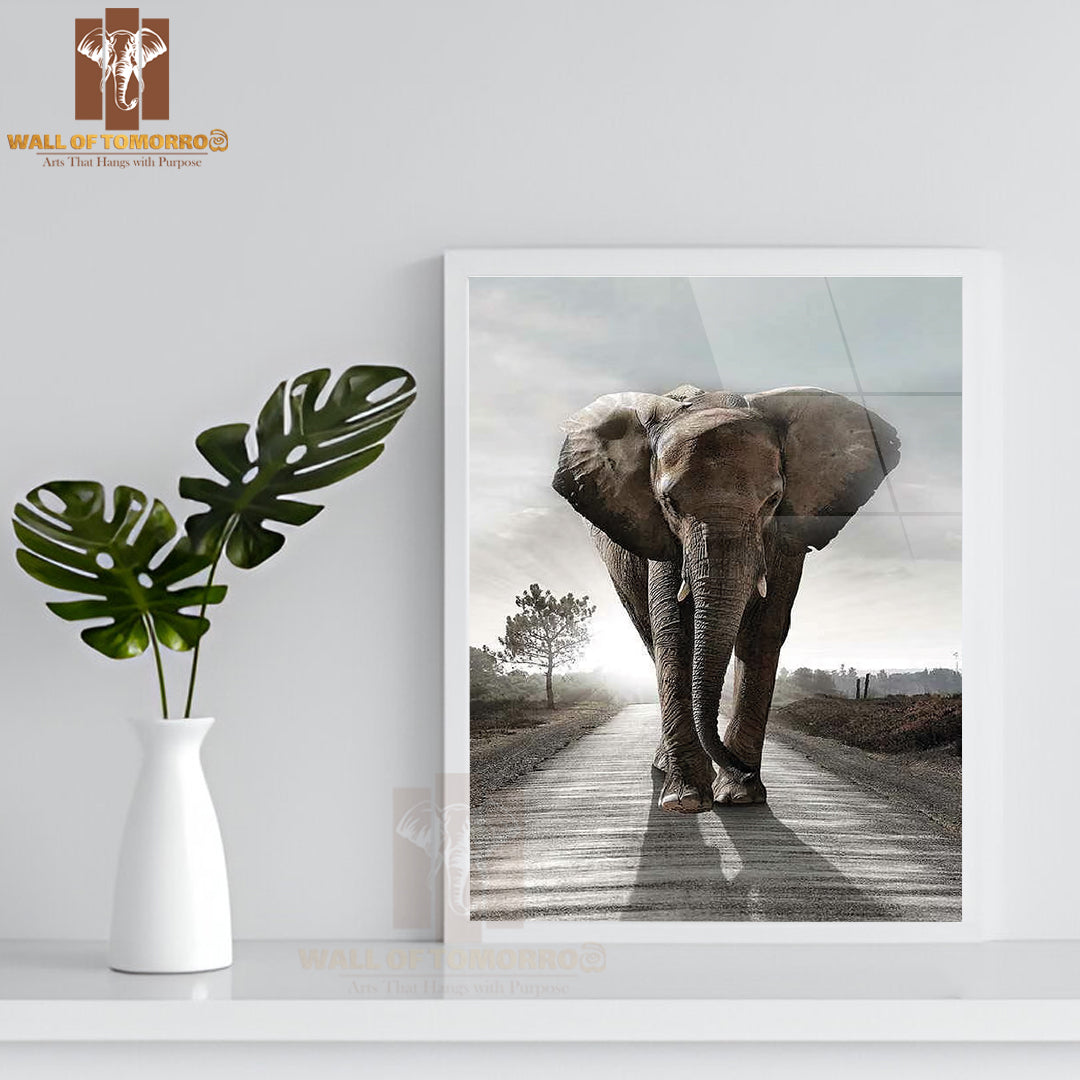 Elephant Walking on the Road High Quality Glass Frame Wall Décor