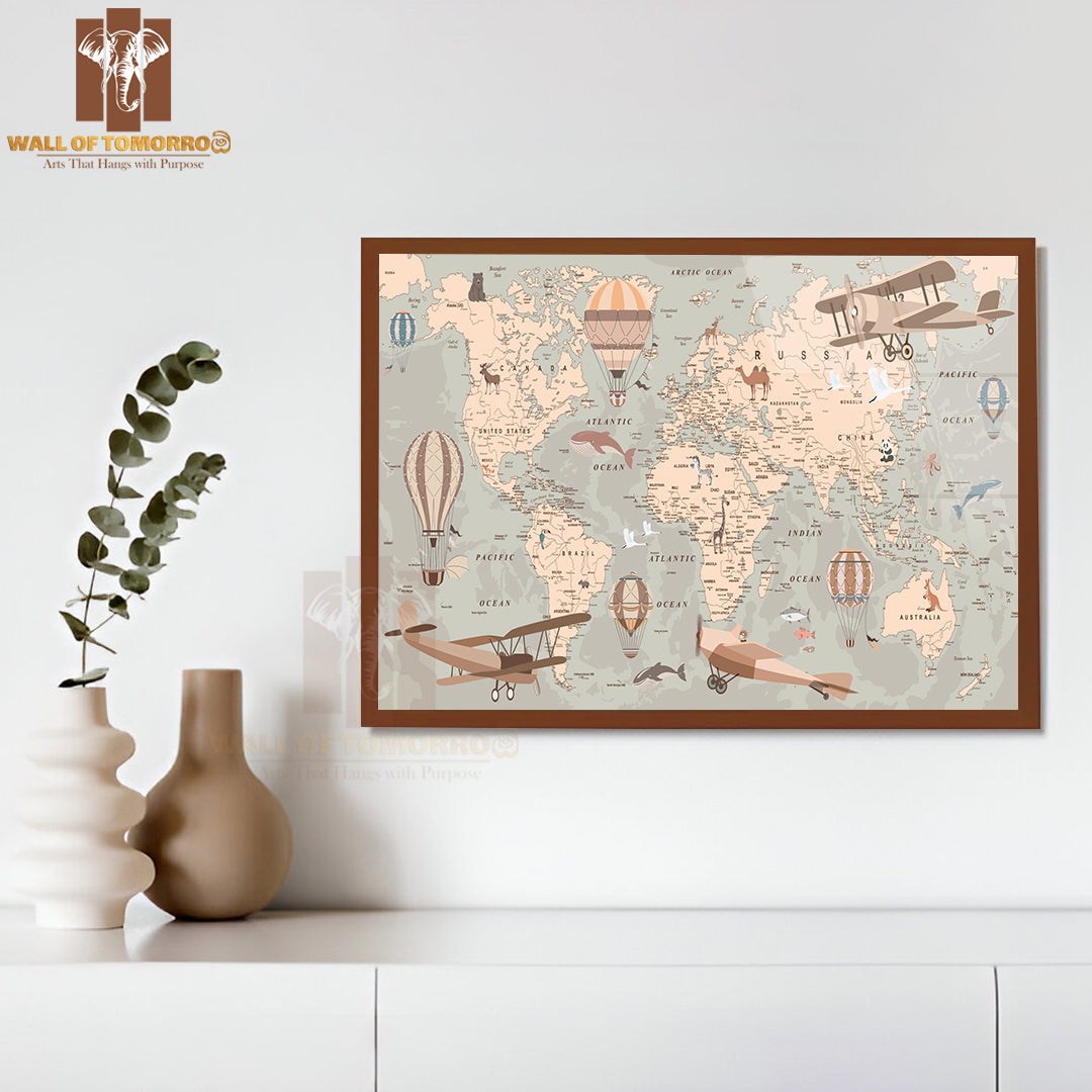 Kids World Map for Children Educational High Quality Glass Frame Wall Décor