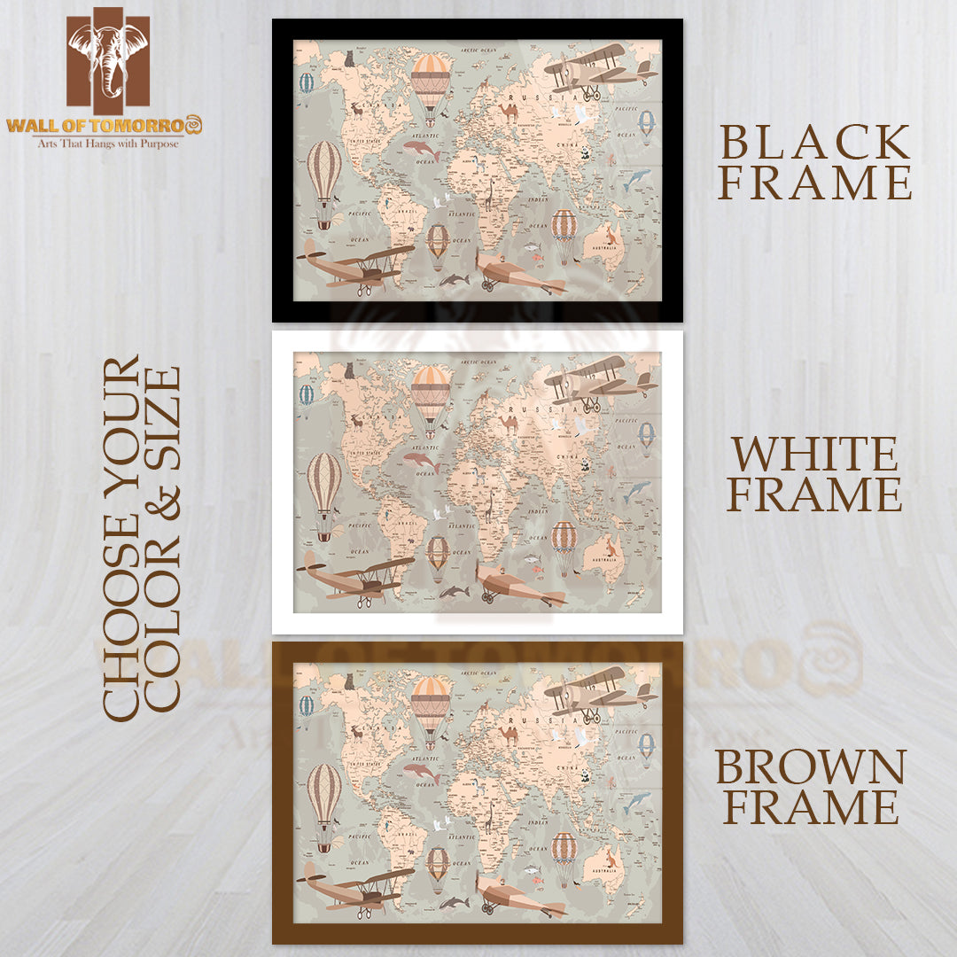 Kids World Map for Children Educational High Quality Glass Frame Wall Décor