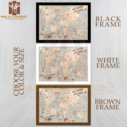 Kids World Map for Children Educational High Quality Glass Frame Wall Décor