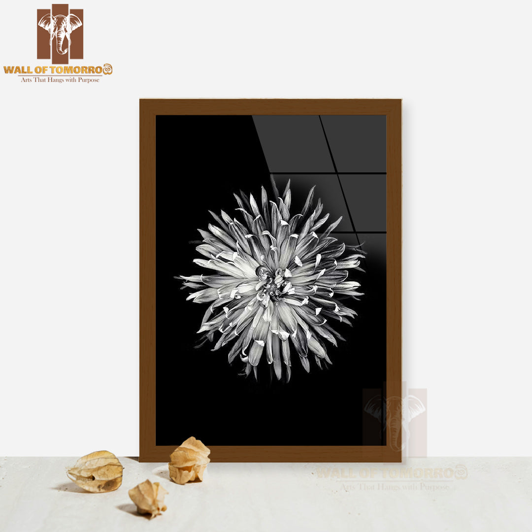 Dahlia Flower Closeup B&W High Quality Glass Frame Wall Décor