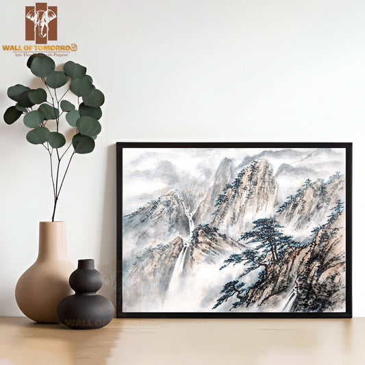Mountains Scenery with Mist High Quality Glass Frame Wall Décor